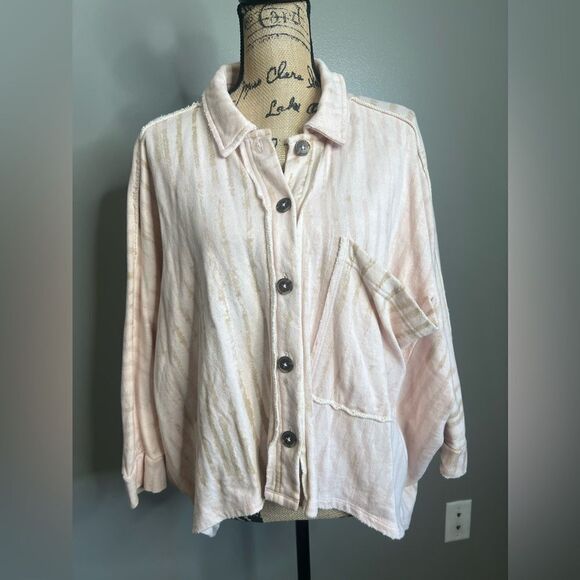 We the Free pink montauk shirt jacket oversized  size xs print tea combo boho - Picture 2 of 9